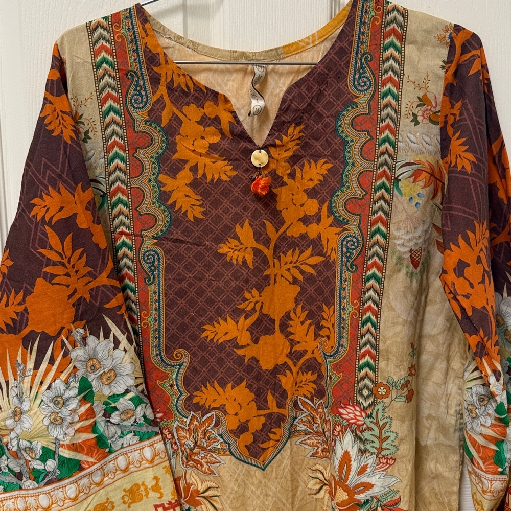 Pakistani Indian Floral Print Tunic Dress in Mustard and Brown - Picture 6 of 9